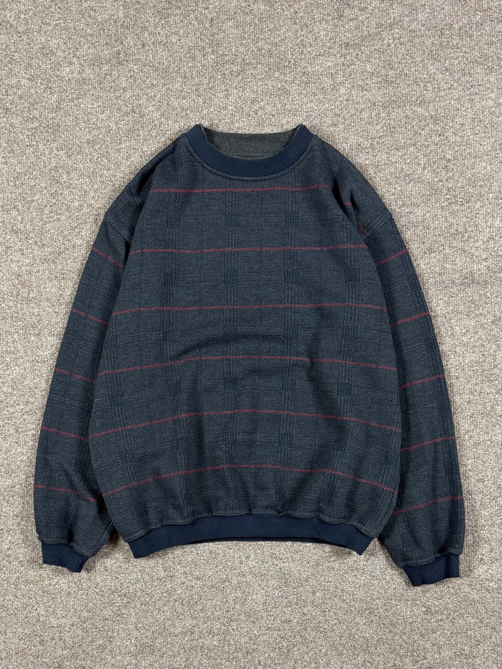 Vintage Navy Grey Glen Plaid Striped Crewneck Pullover Sweater Men’s Medium 90s